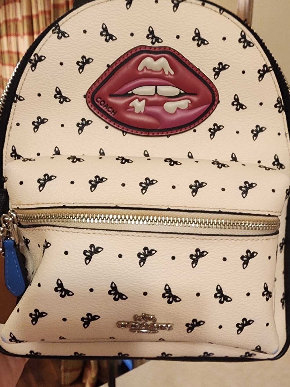 Coach White & Black Mini Backpack with Red Lip Patch - Picture 2 of 16